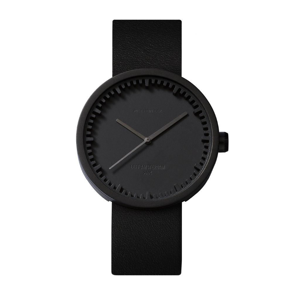 D42 black case black leather strap tube watch leff amsterdam design by piet hein eek front 1