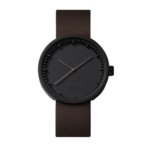 D42 black case brown leather strap tube watch leff amsterdam design by piet hein eek front 1